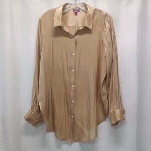 Vince Camuto Gold Satin Button Long Front Long Sleeve Shirt Women's L Glam